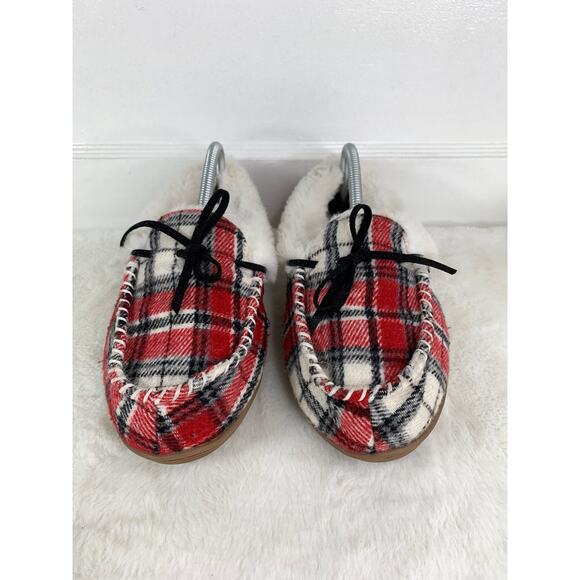 Sonoma Women’s Red Checkered Fur Slip-On Slippers Size 9-10 - Picture 2 of 9